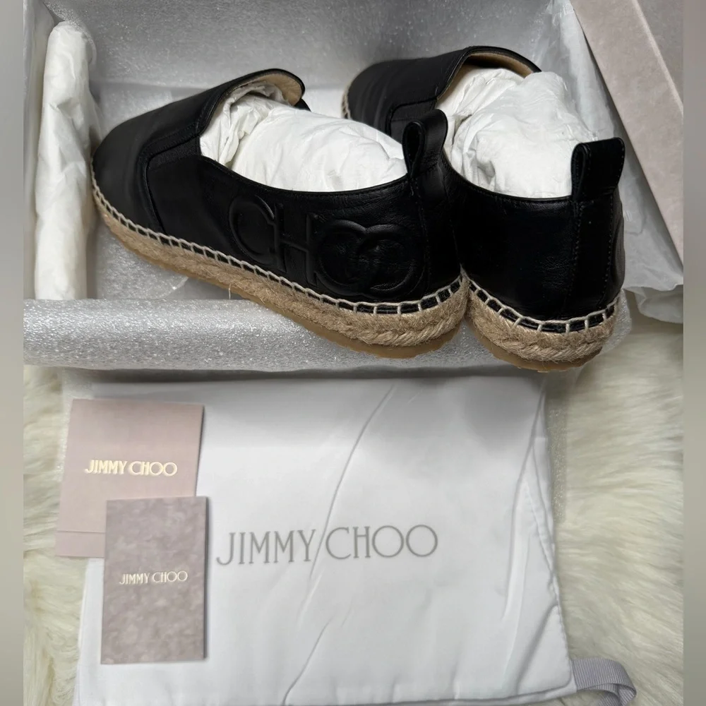 New in box Jimmy Choo Lichi Black Napa Leather Espadrilles Embossed Logo